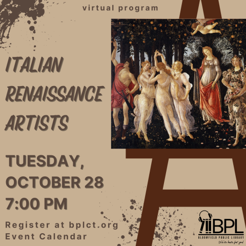 Image of Botticelli's painting, La Primavera,  depicting nine mythological figures in an orange grove