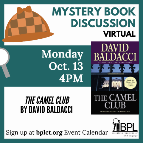 sherlock hat and magnifying glass with the camel club book cover for october 13 virtual discussion