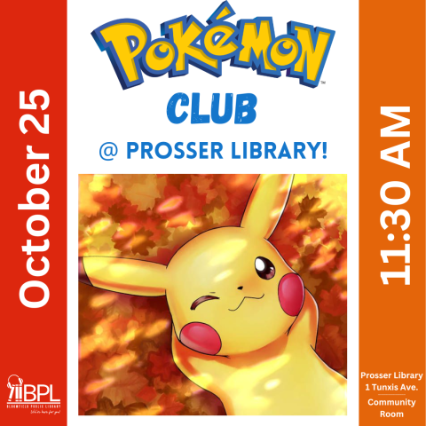 pokemon club at prosser library october 25 at 11:30 a m image of pikachu in fall leaves