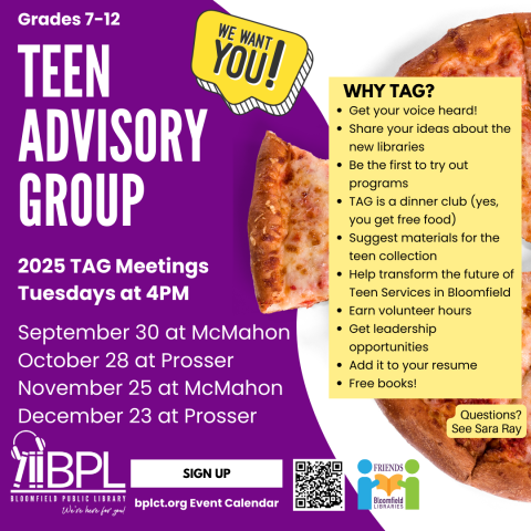 TAG meetings moved to 4PM. pizza, programs, leadership opportunities, and free books