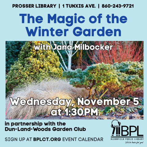 photo of outdoor garden and words about the november 5 program at prosser library