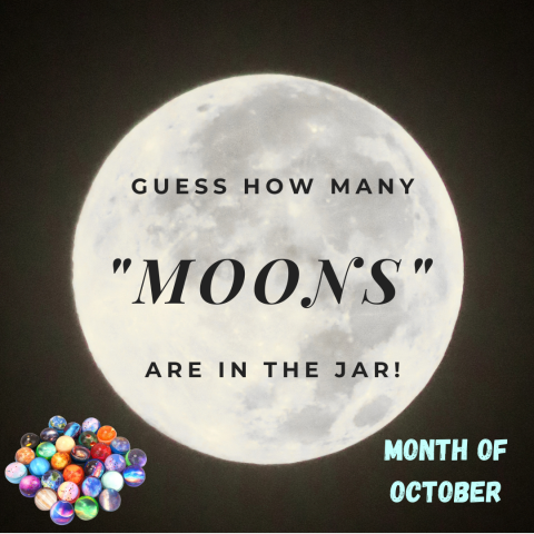 guess how many moons are in the jar image of moon in night sky and pile of space-themed bouncy balls