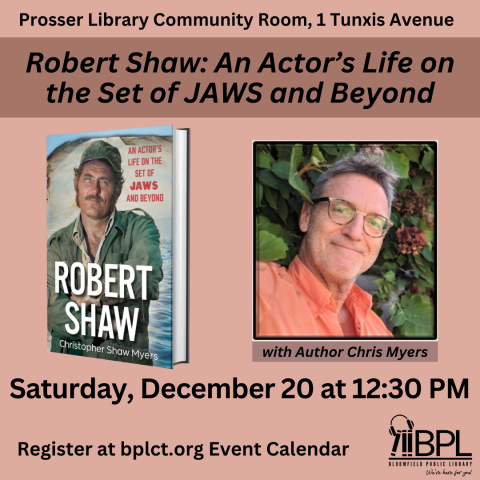 image of actor Robert Shaw wearing green hat and jacket. Image of author Chris Myers wearing peach shirt.