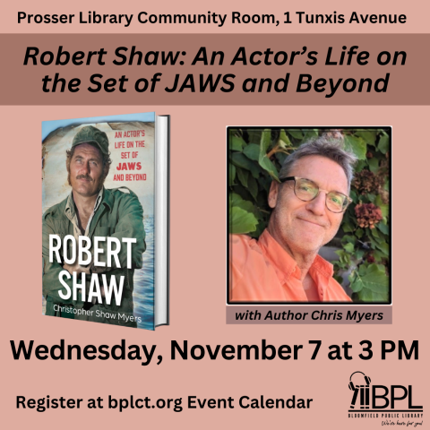 image of actor Robert Shaw wearing green hat and jacket. Image of author Chris Myers wearing peach shirt.