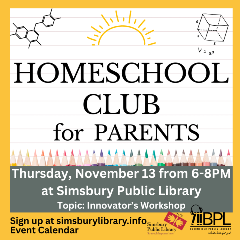 logo homeschool club for parents with words describing november's innovator's workshop topic