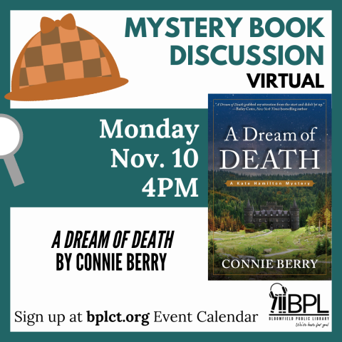 a dream of death book cover with sherlock hat and magnifying glass