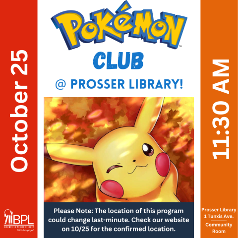 pokemon club at prosser library october 25 at 11:30 a m image of pikachu in fall leaves