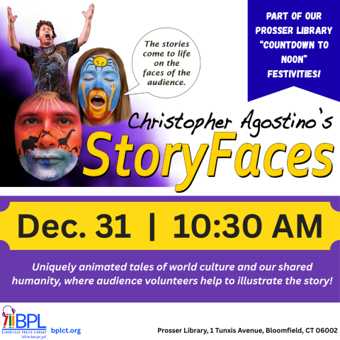 storyfaces with christopher agostino image of storyteller and some audience members with painted faces