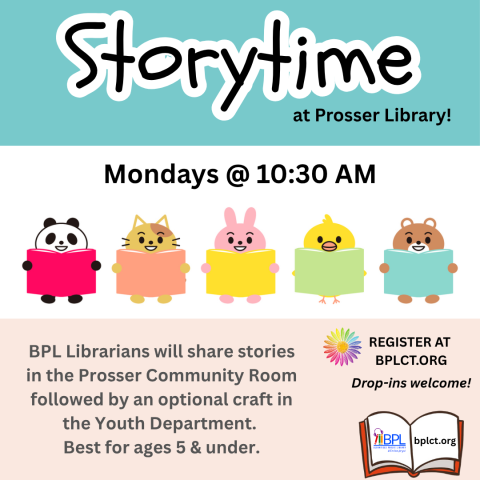 storytime at prosser library image of animals holding books mondays at 10 30 a m