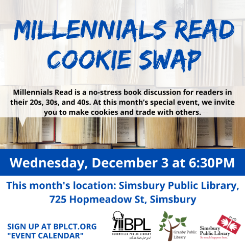books in background with this month's topic and location - cookie swap at simsbury library