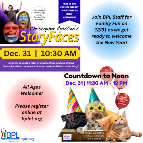 countdown to noon featuring Christopher Agostino and StoryFaces on december 31 2025 image of people with painted faces and animals with party hats