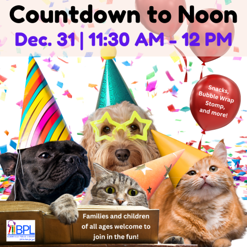 countdown to noon image of dogs and cats in party hats