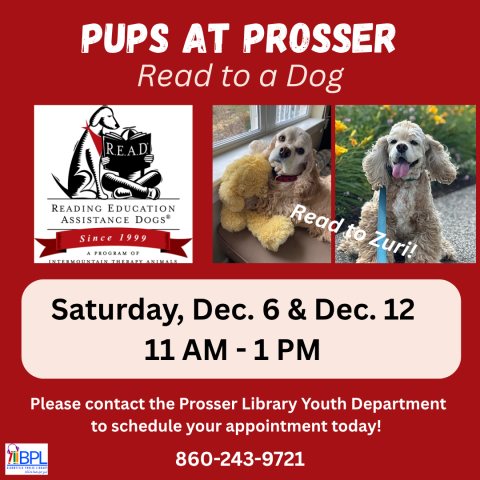 pups at prosser image of cocker spaniel and logo for the read to dogs program