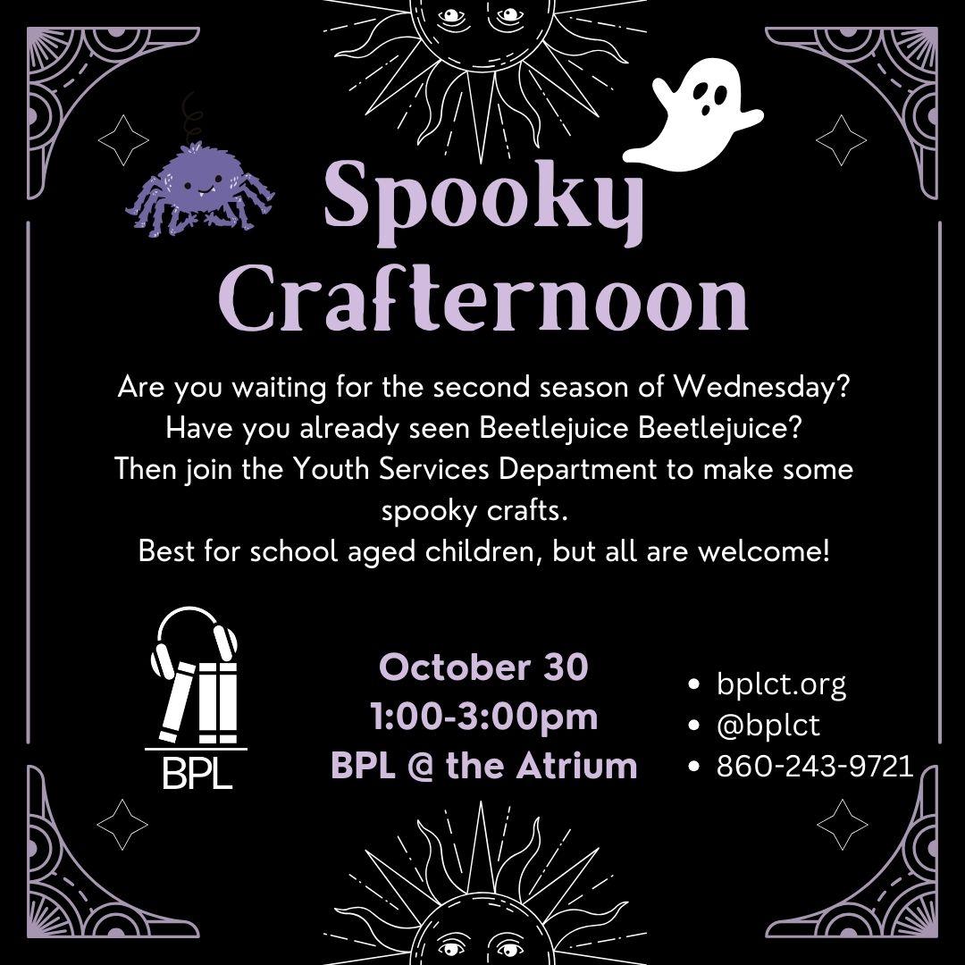 Flyer with program information has a black background with a white cartoon ghost, and a purple cartoon spider