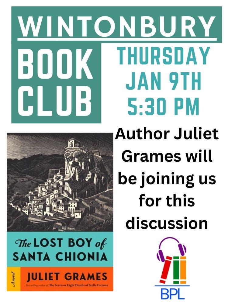 Wintonbury Book Club Thursday Jan. 9th at 5:30, The Lost Boy of Santa Chionia, author Juliet Grames will be joining us for this discussiona