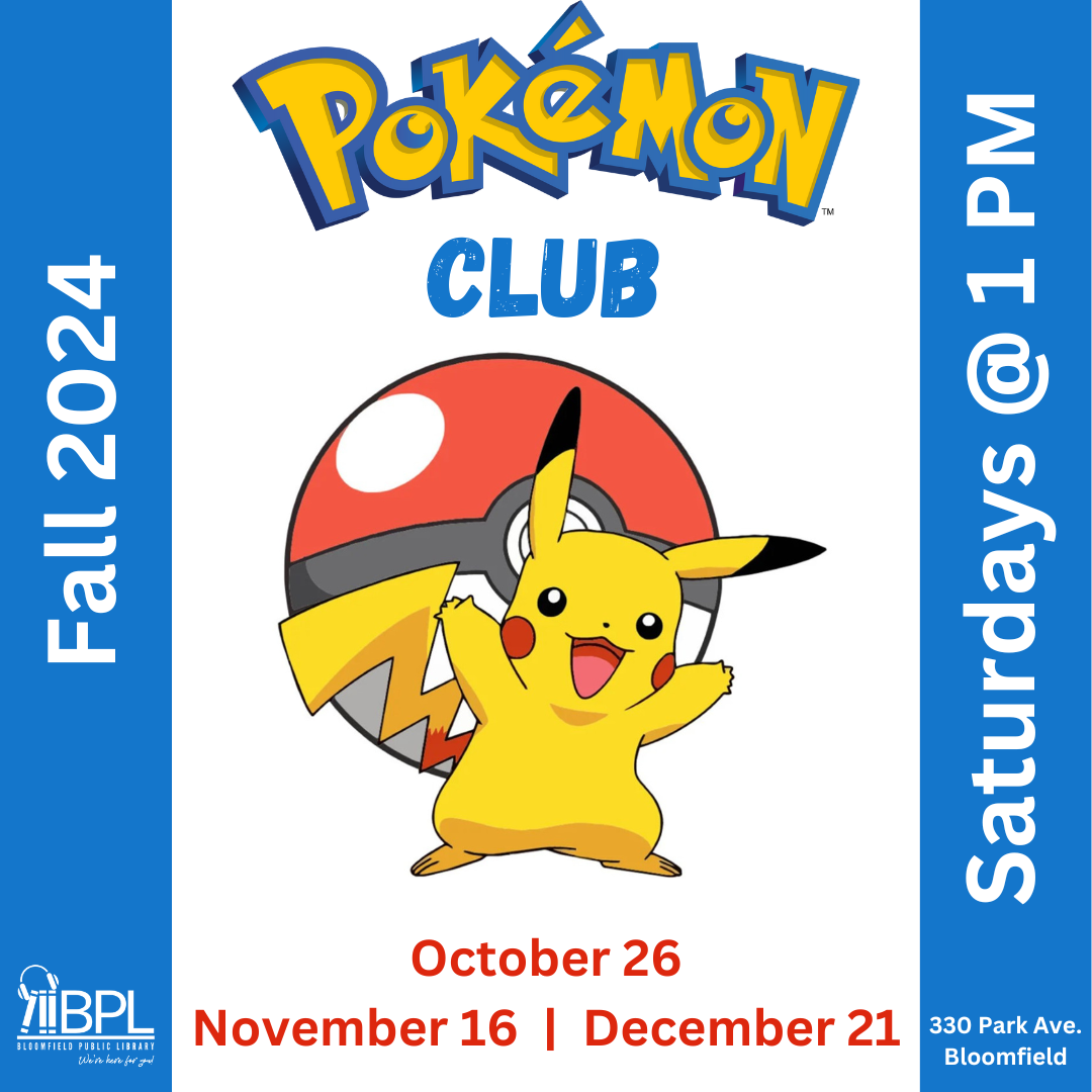 pokemon club fall 2024 saturdays at 1 pm image of pikachu dates in october, november, and december