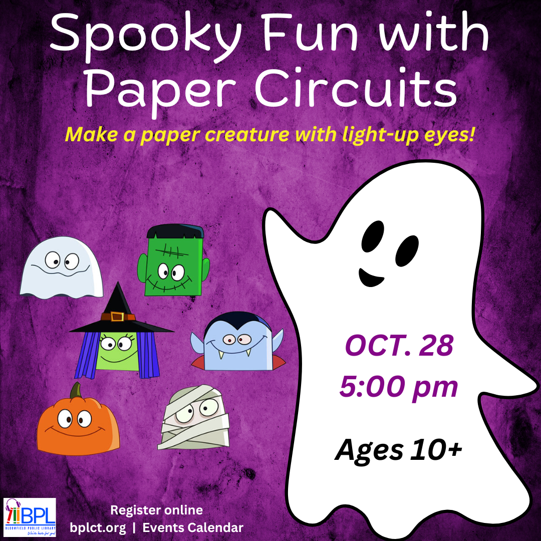 spooky fun with paper circuits october 28 at 5 p m image of ghost, frankenstein, witch, dracula, pumpkin, and mummy