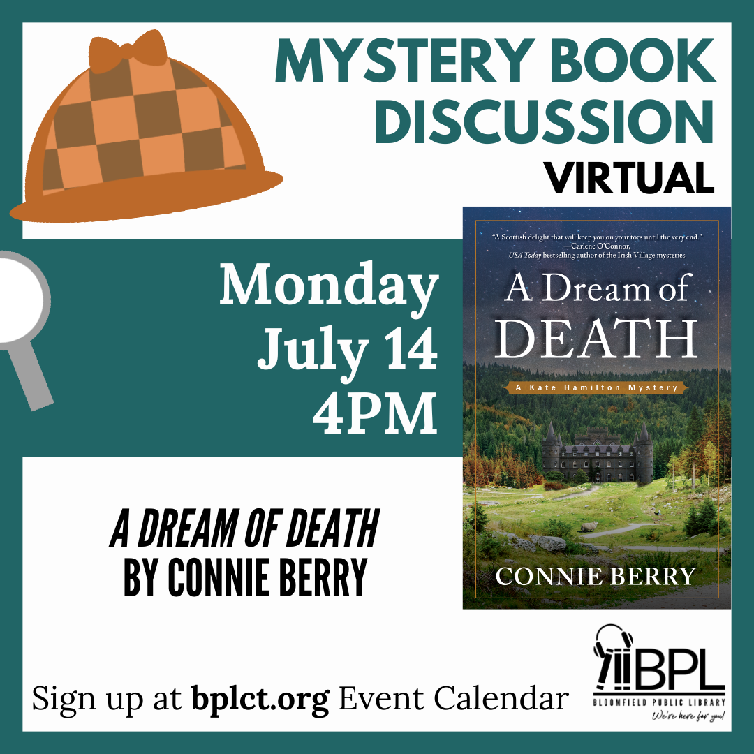 sherlock hat and magnifying glass with book cover of a dream of death