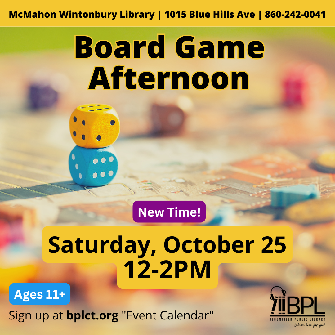 dice and game pieces with new time for board game afternoon 12 to 2 pm