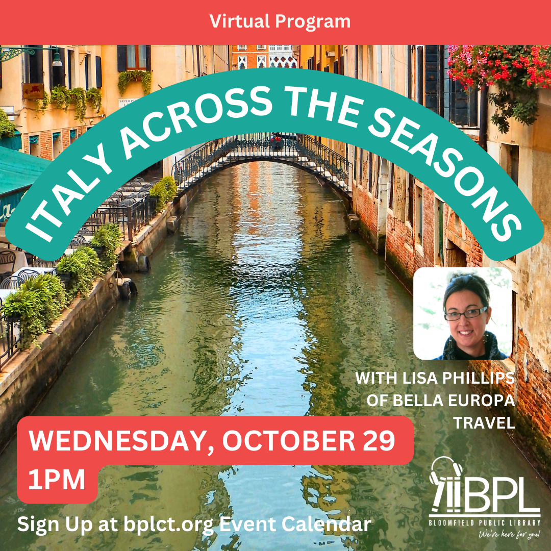 waterway in italy with curved text italy across the seasons and a photo of presenter lisa phillips
