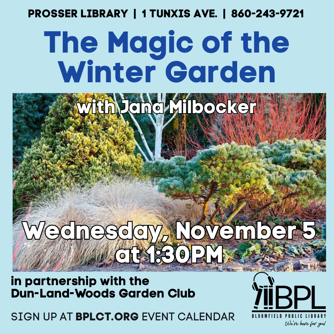 photo of outdoor garden and words about the november 5 program at prosser library