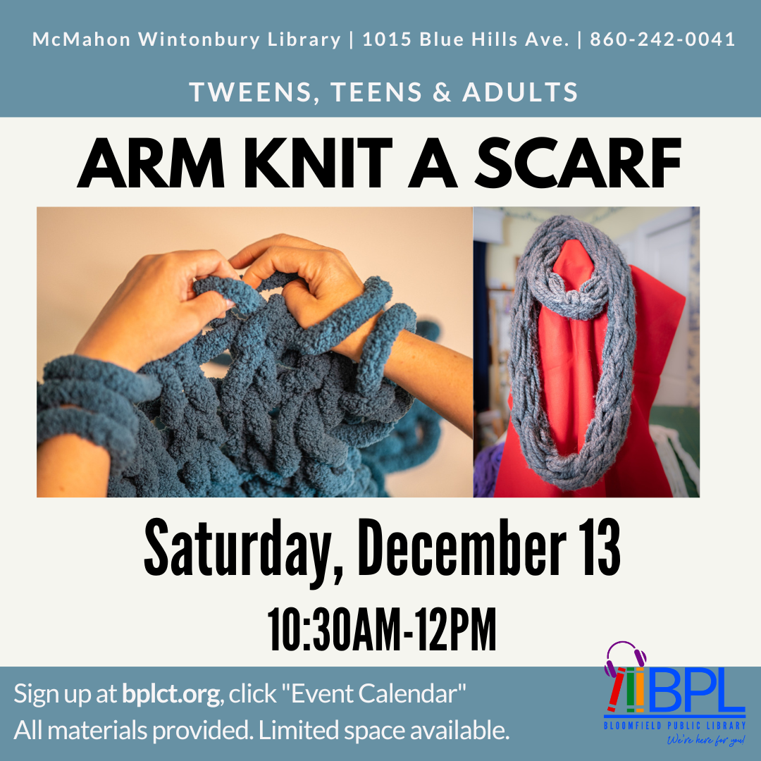 photo of yarn on arms and sample scarf