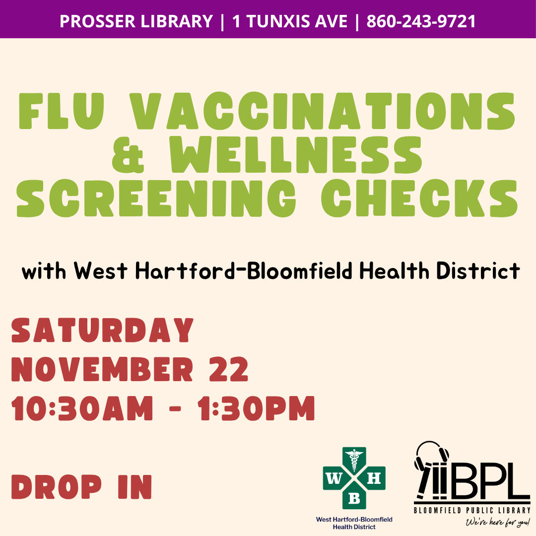 words flu vaccination and wellness screening check with library and whbhd logos