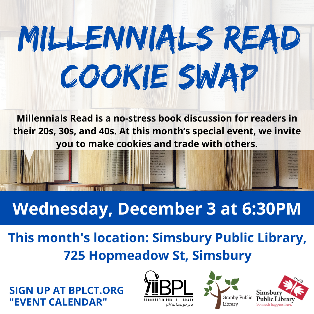 books in background with this month's topic and location - cookie swap at simsbury library